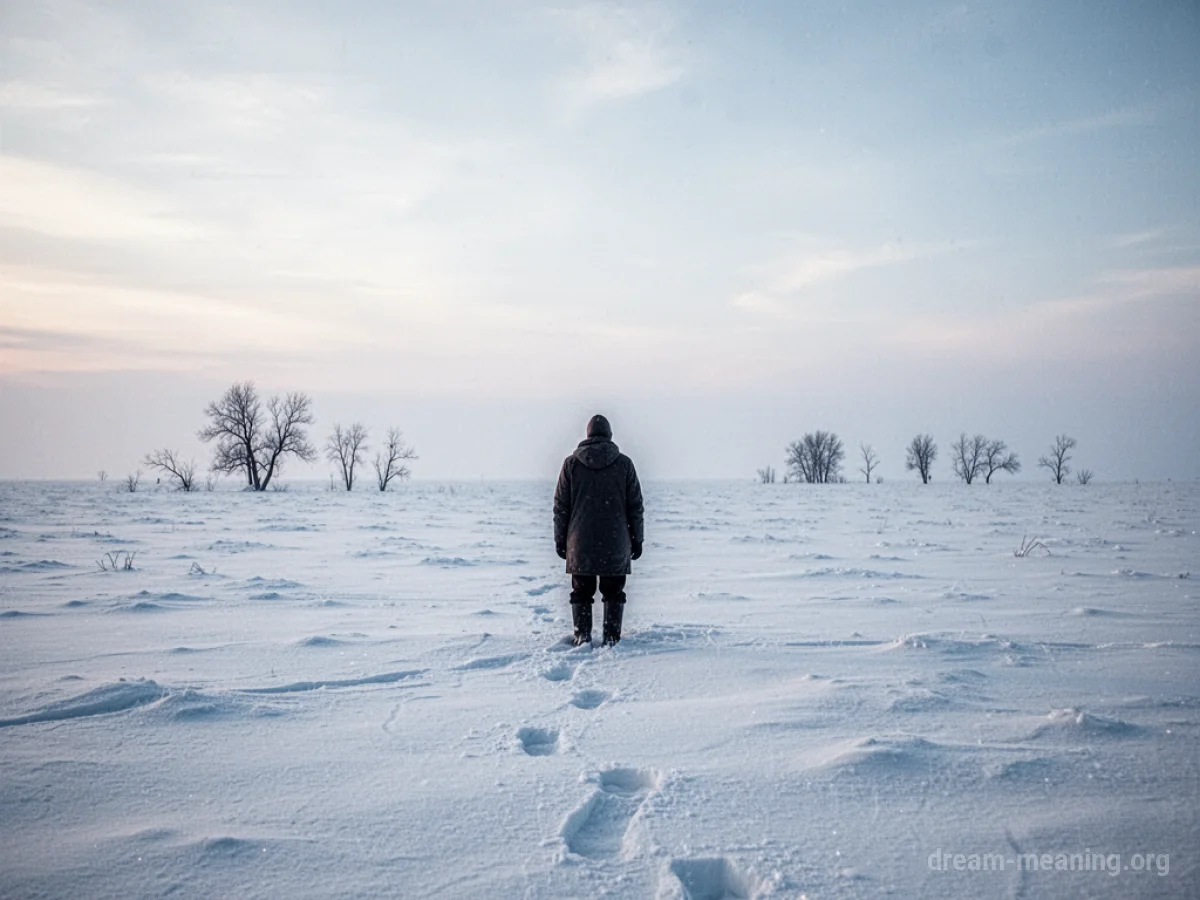 A single person stands on a wide, snowy landscape with a few distant trees.
