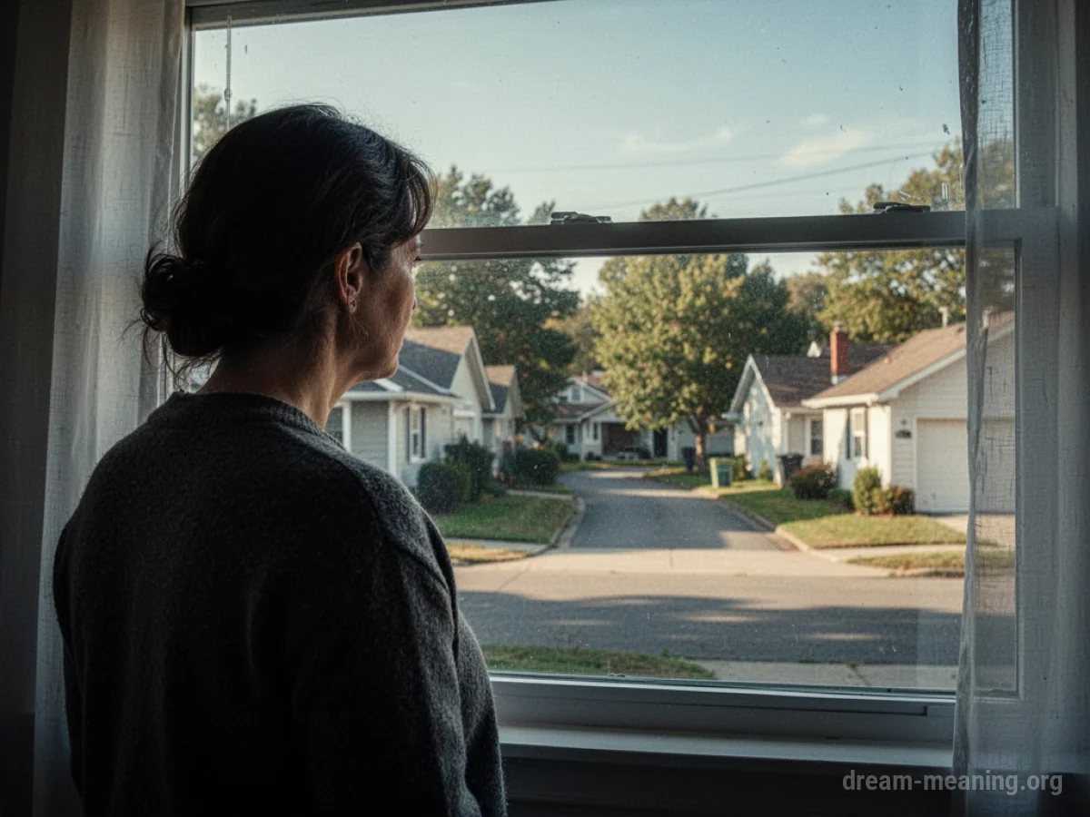 Silhouette of a person gazing wistfully through a window at a quiet neighborhood scene.