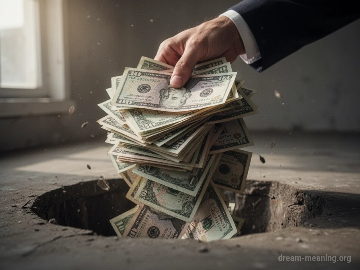 A hand dropping a large bundle of paper money into a dark void.