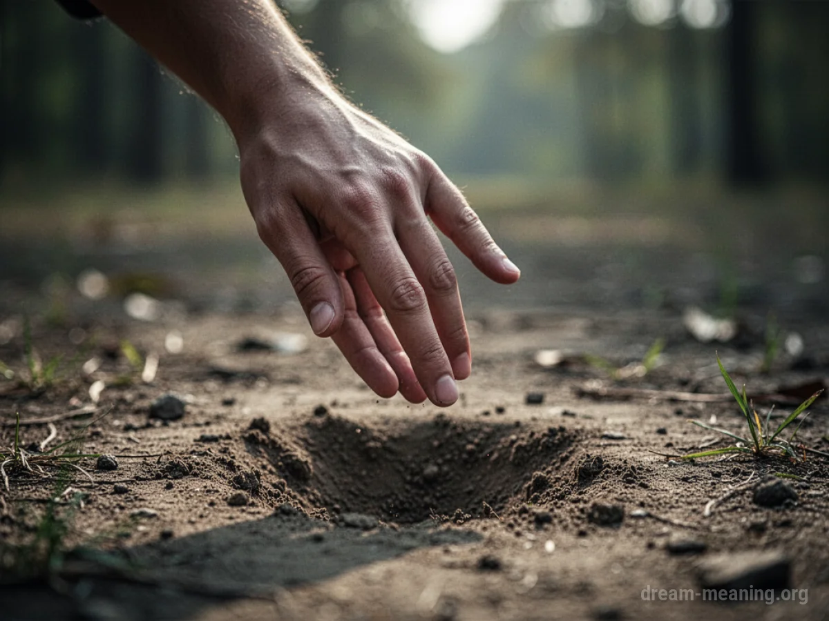 An empty hand reaching towards a bare patch of ground.