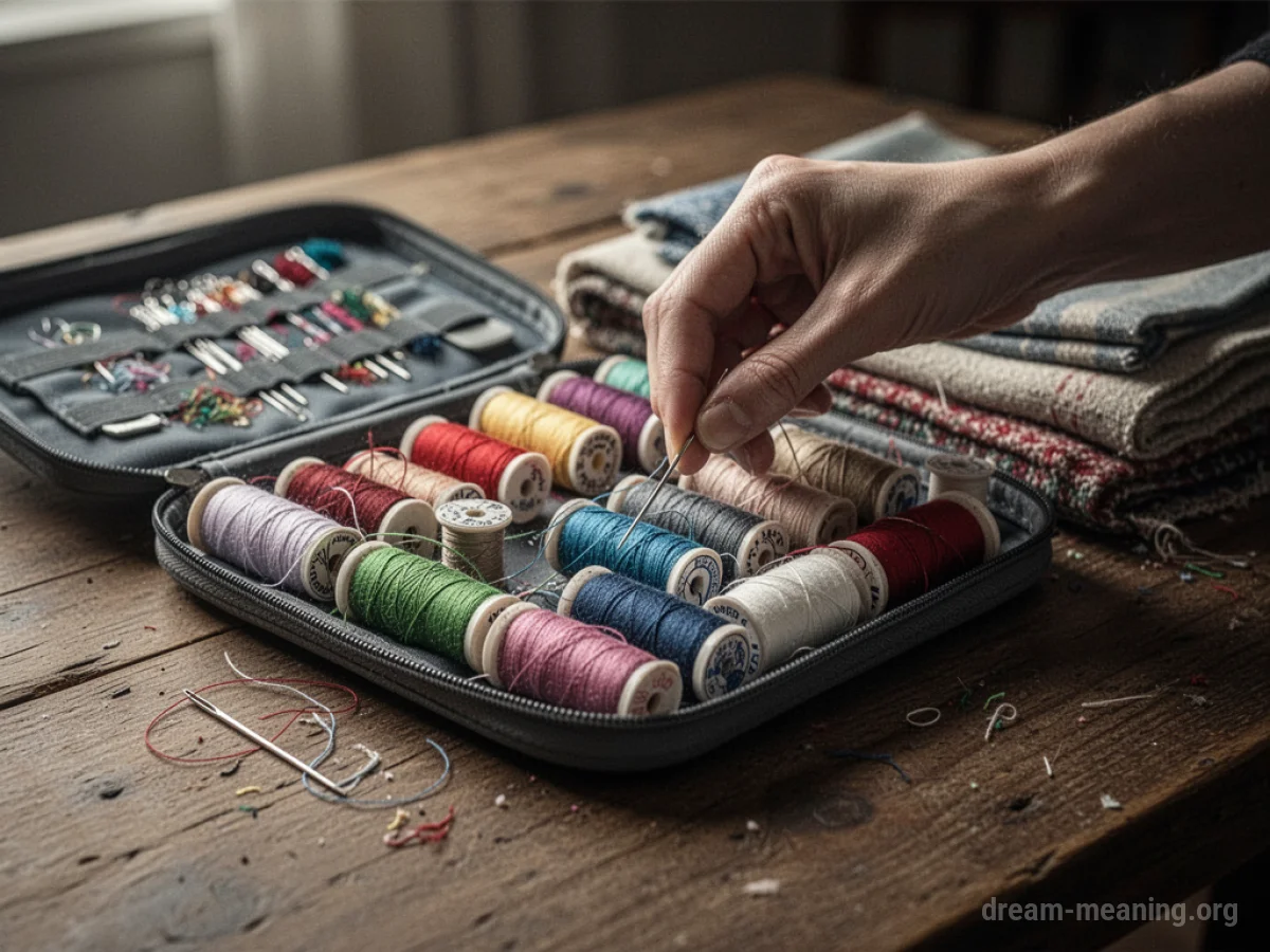 A hand sifting through sewing supplies, searching for a lost needle.