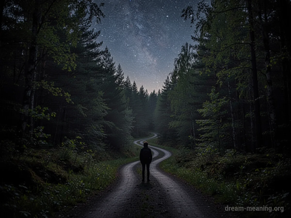 A solitary figure stands at the start of a dark, overgrown path at night.