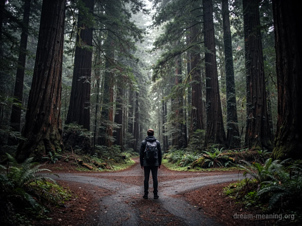 A person stands at a fork in a path within a dense forest.
