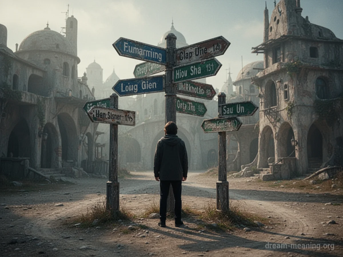 A person stands at an intersection of unfamiliar roads with signs in a foreign language.