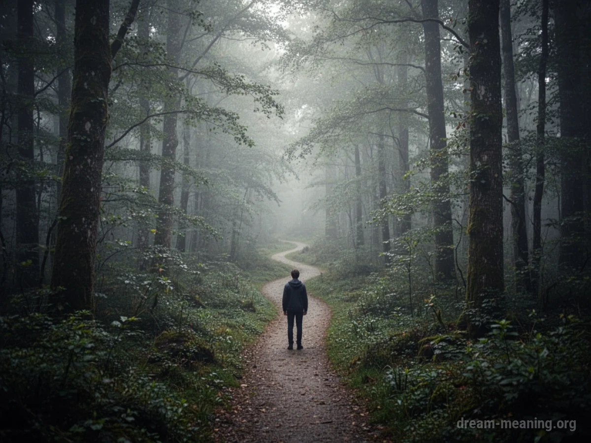 A person stands at the entrance to a thin, winding trail that leads into a foggy woods.