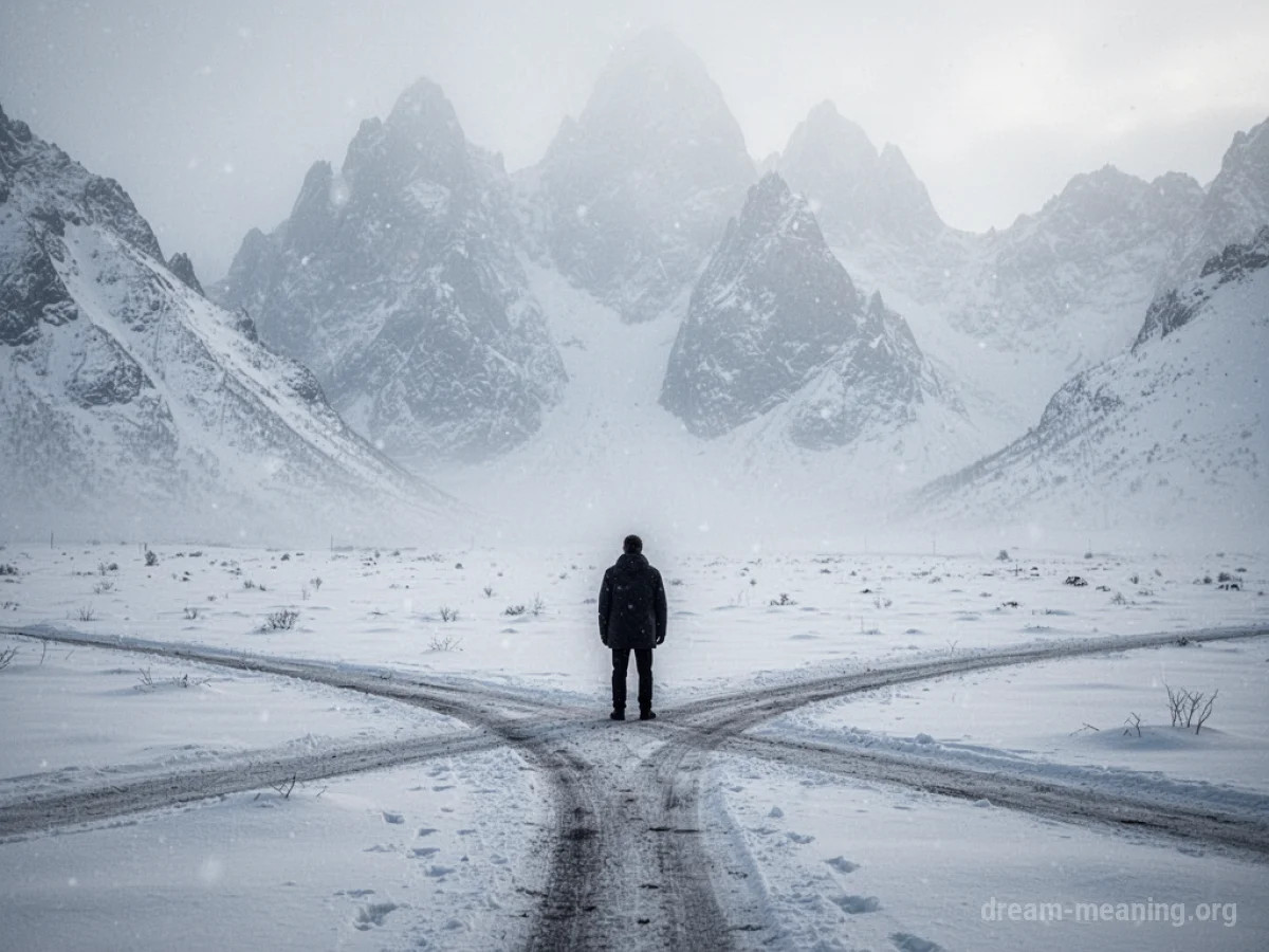 A solitary figure at a branching path in a snow-covered wilderness.