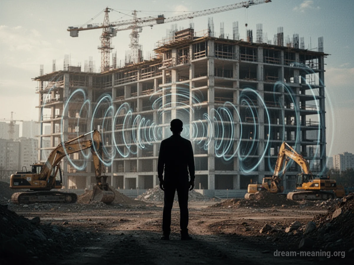 Silhouette of a person near a building with construction equipment and sound waves.