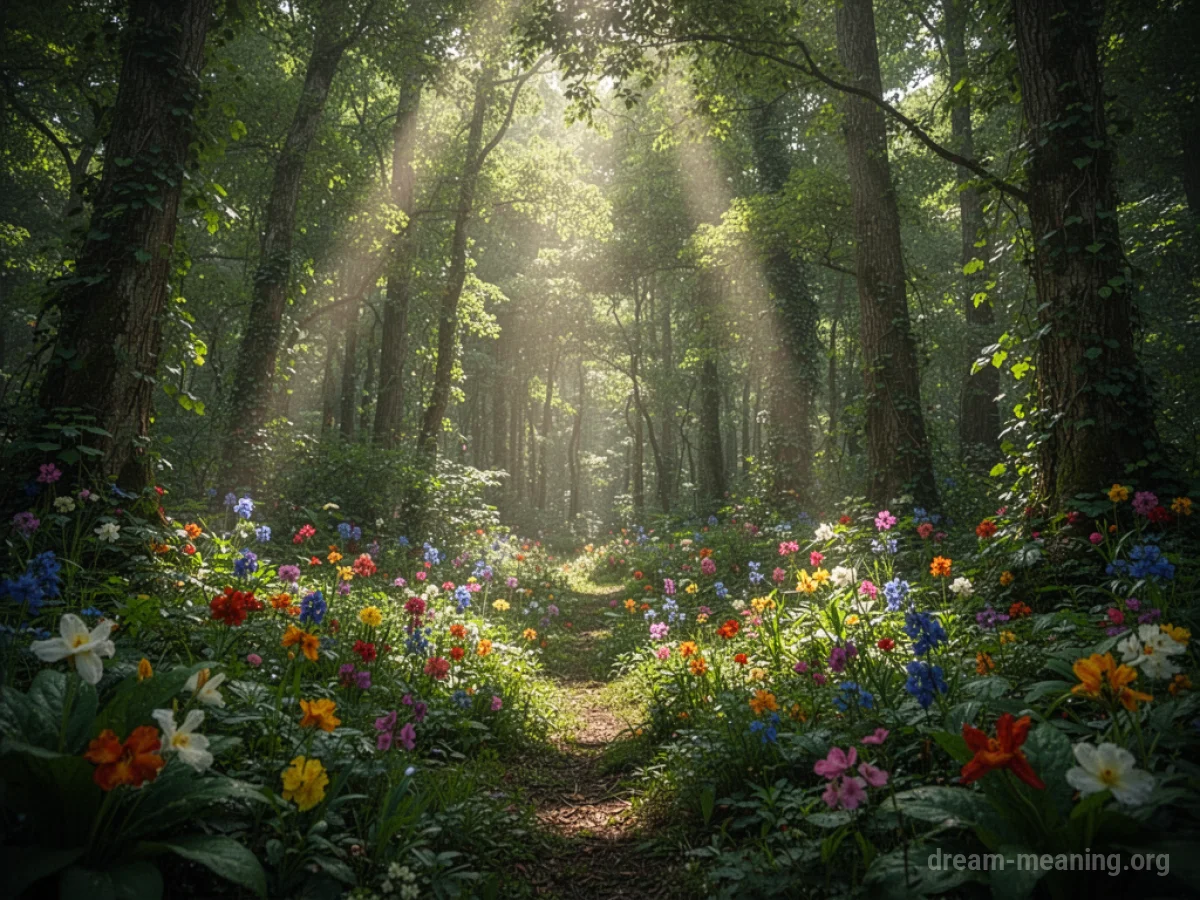 Sunlight filtering through a dense, vibrant green forest canopy with colorful wildflowers.