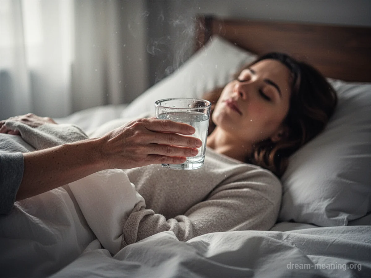 A person's hand holding a cup near another person in bed.