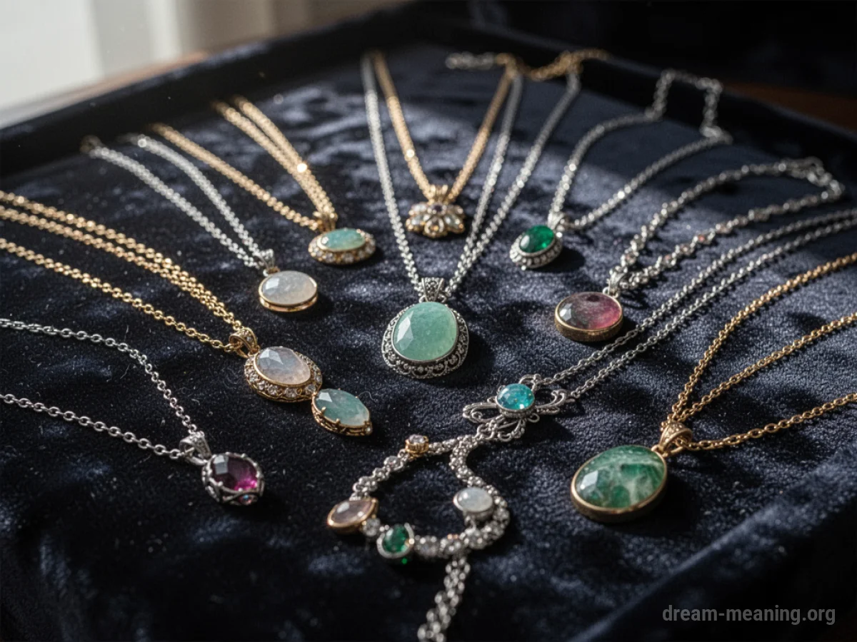 A variety of necklaces displayed on a dark, textured surface.