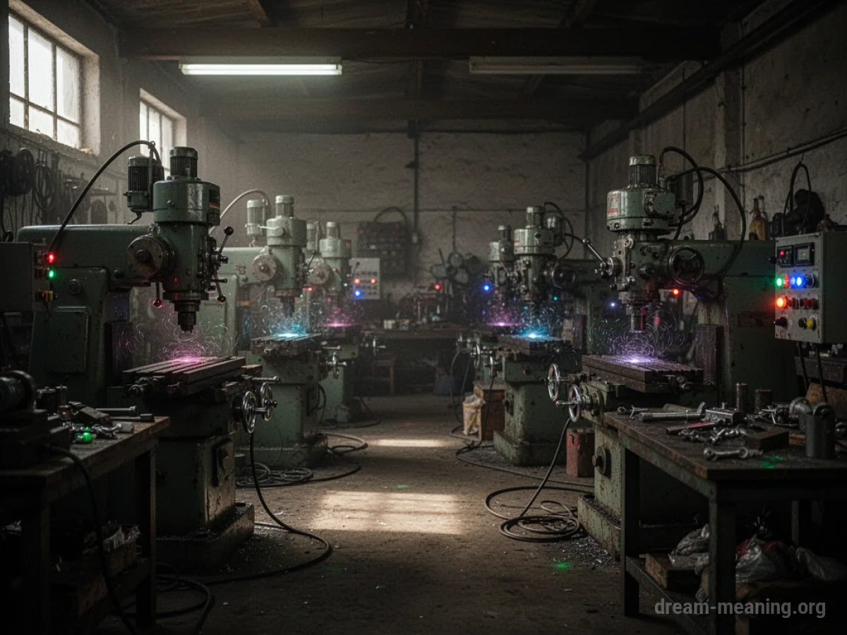 Industrial machinery in a dimly lit workshop.