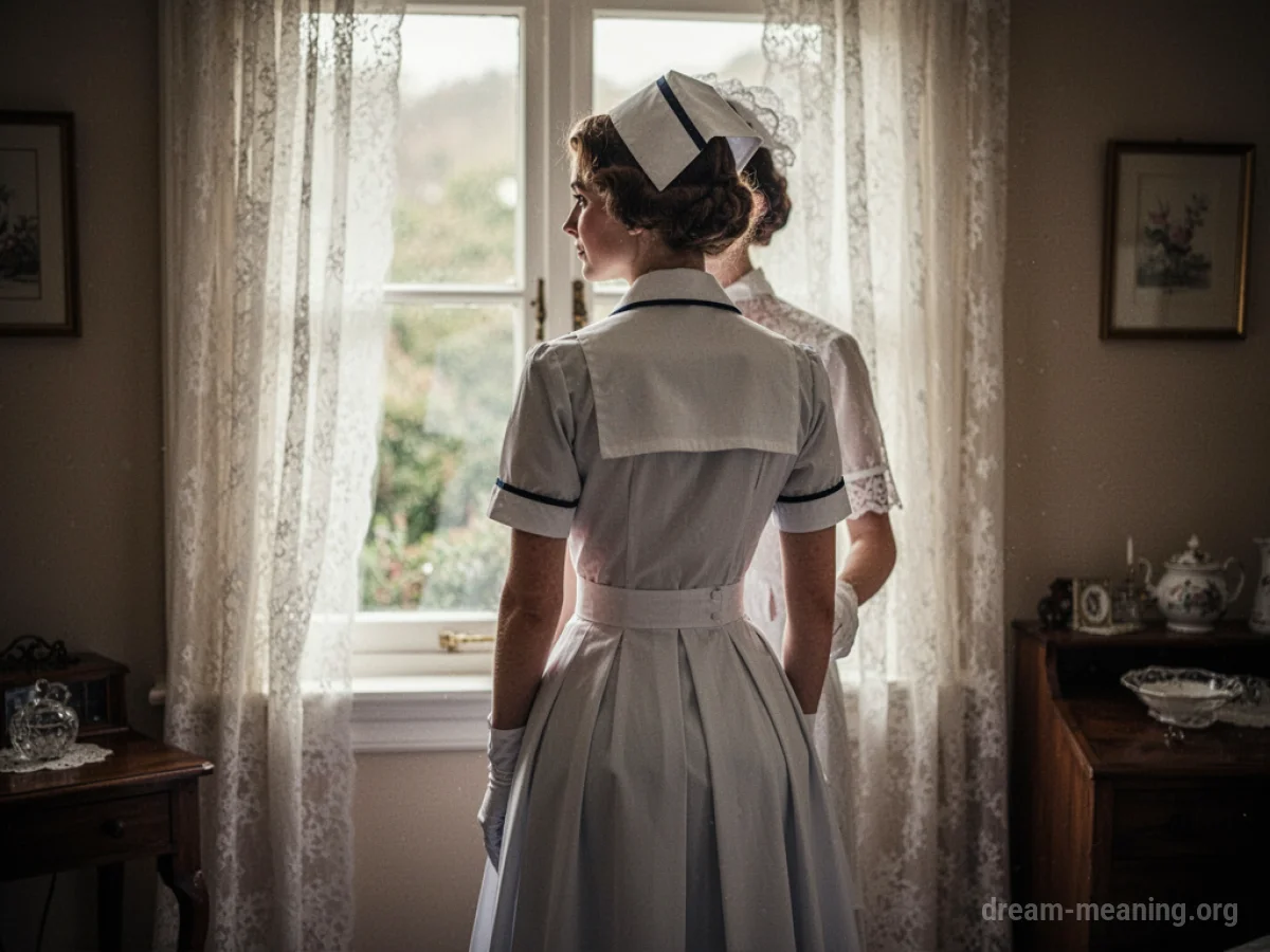 A woman in a nurse uniform stands with her back to the viewer, facing a window.