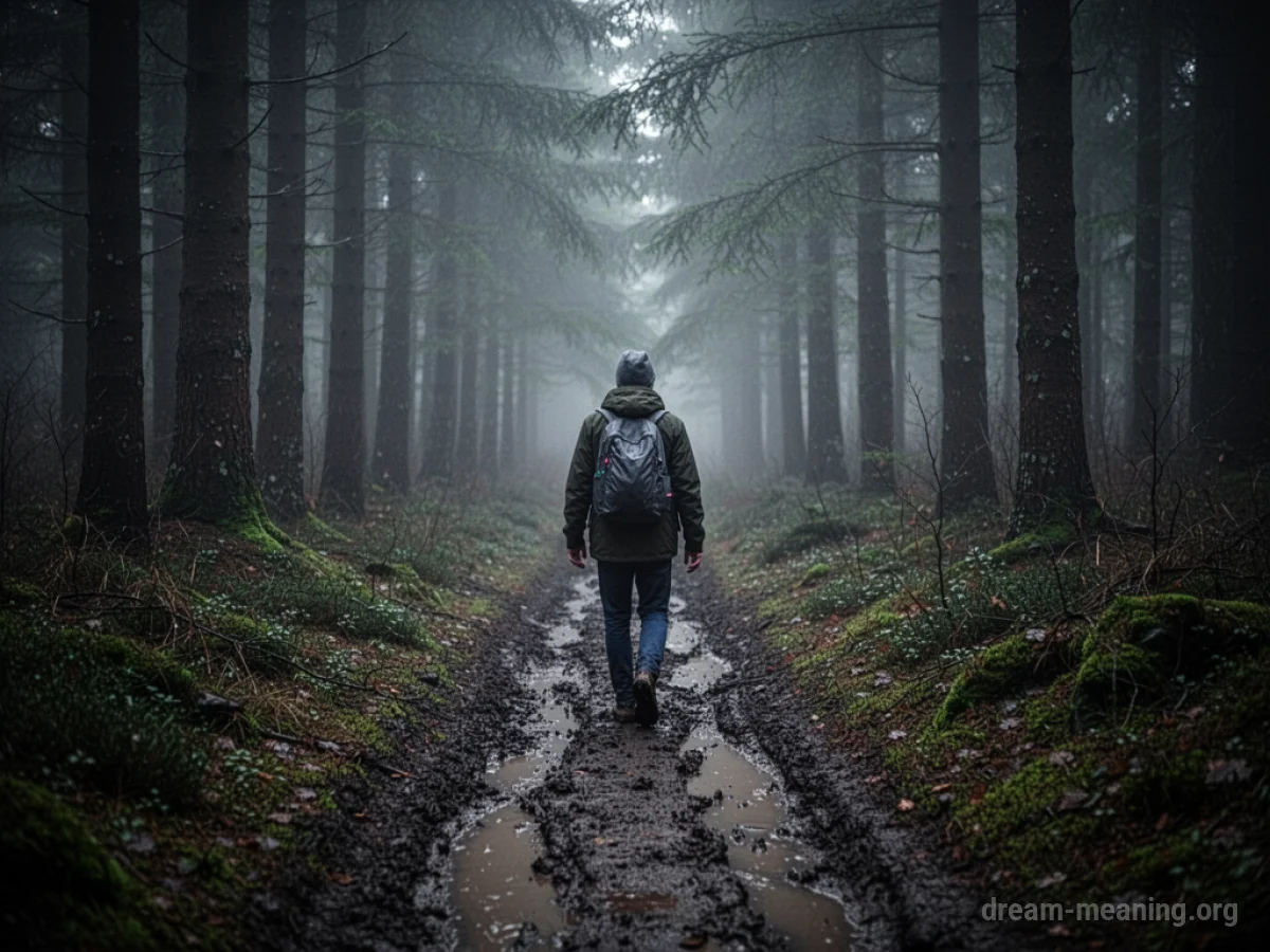 A person on a narrow, muddy path in a misty forest.