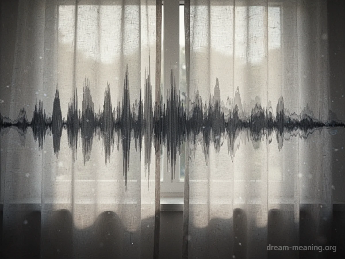 A distorted sound wave behind a translucent curtain.