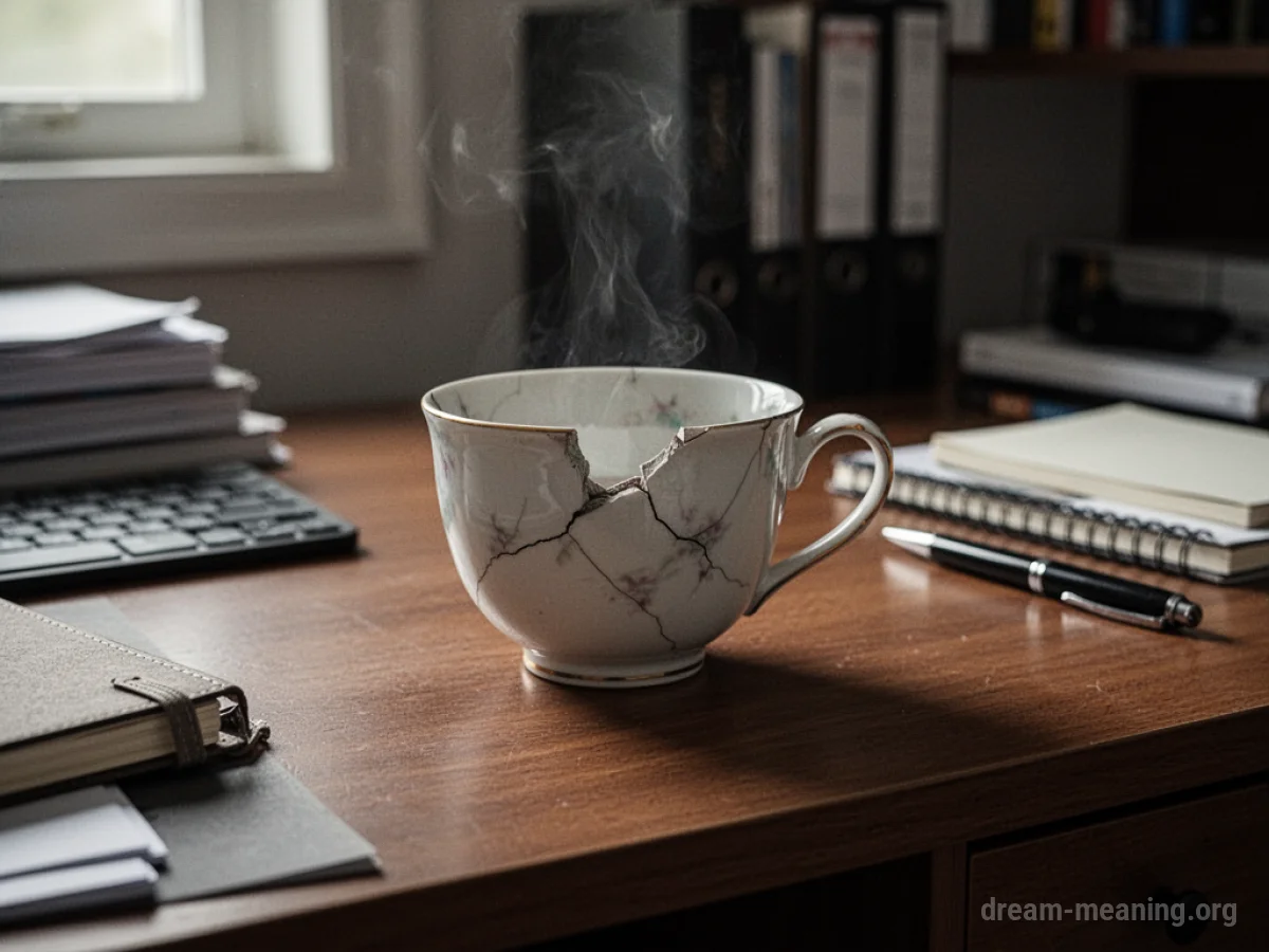 A single teacup with a hairline crack on a neat desk.