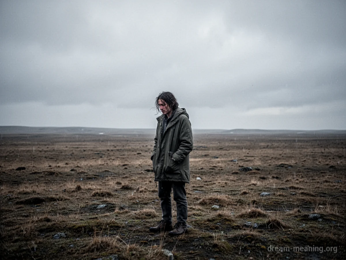 A solitary person standing in a barren, grey landscape under an overcast sky.