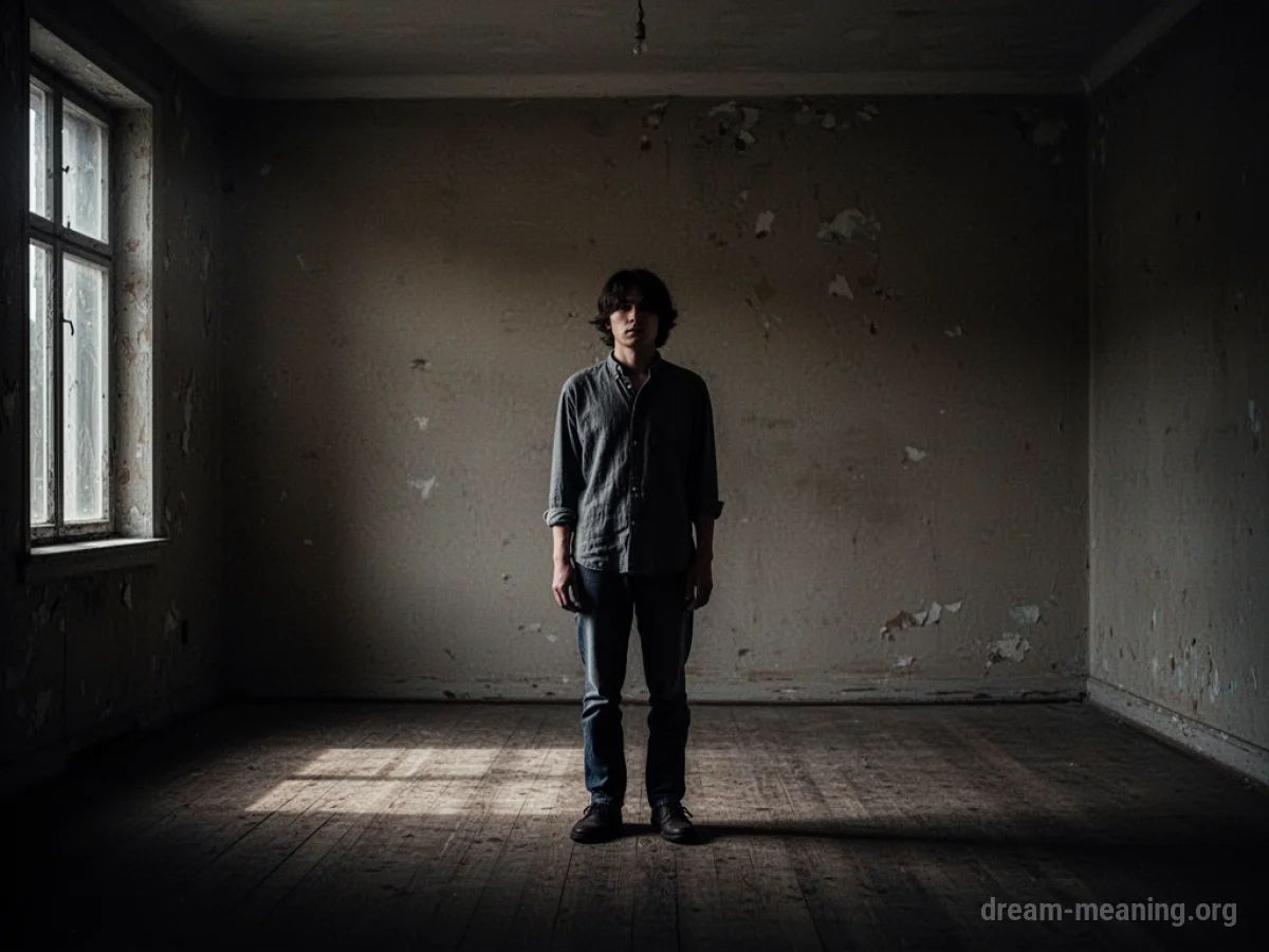 A silhouette of a person standing in a dark, empty room with soft light falling from above.