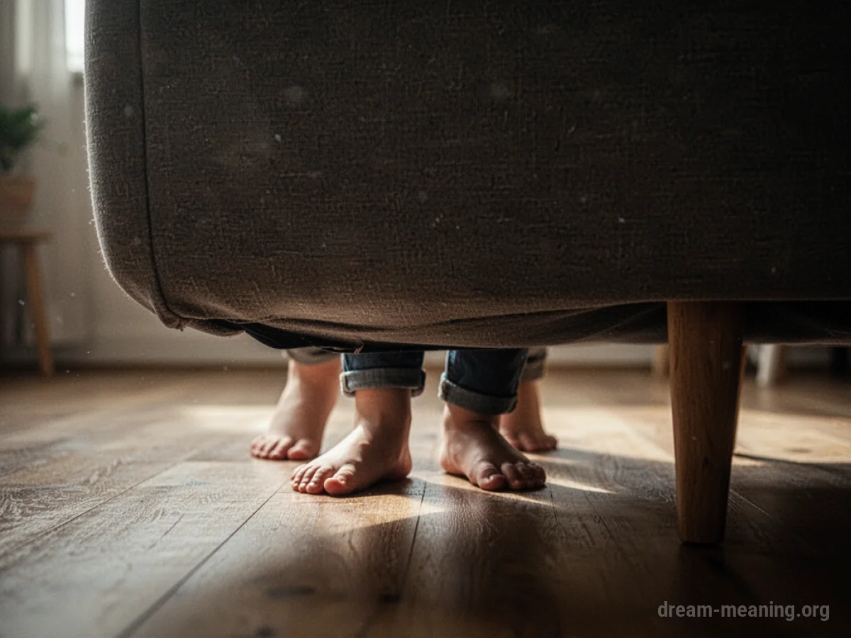 Feet and lower legs of a person peeking out from behind a large, indistinct shape.
