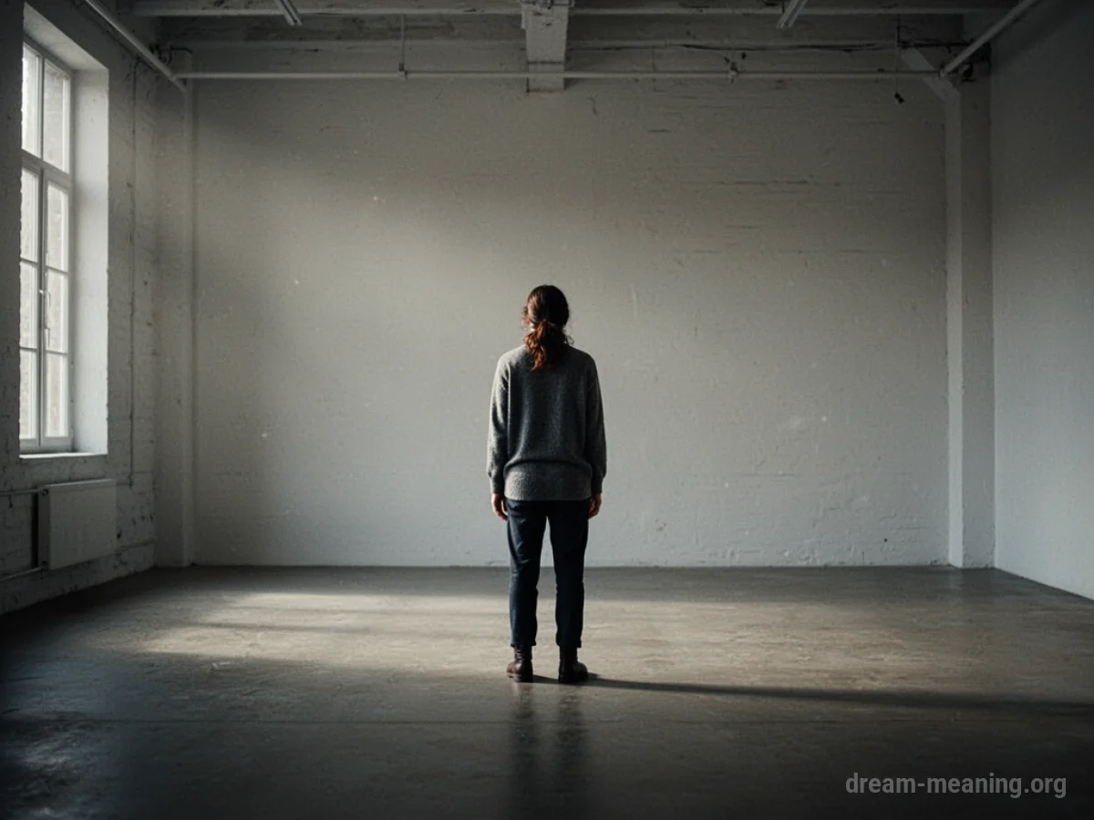 A single person standing in an empty, dimly lit room.