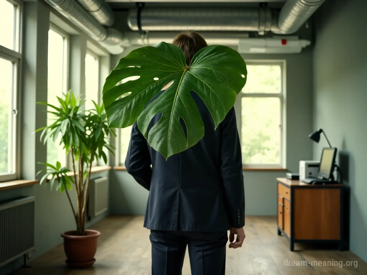 A person in undergarments stands alone in an empty office.
