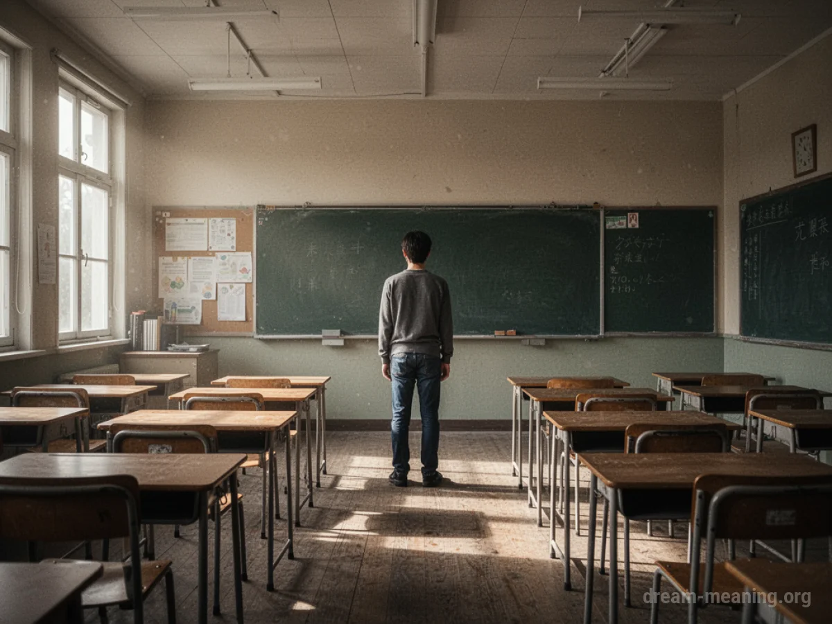 A person standing alone in the middle of a classroom.