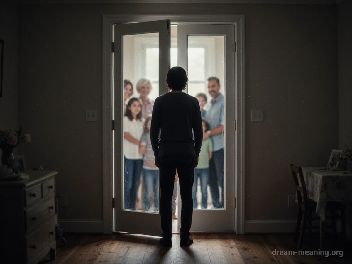 Silhouette of a person standing in a doorway, with blurred figures of people in the background.