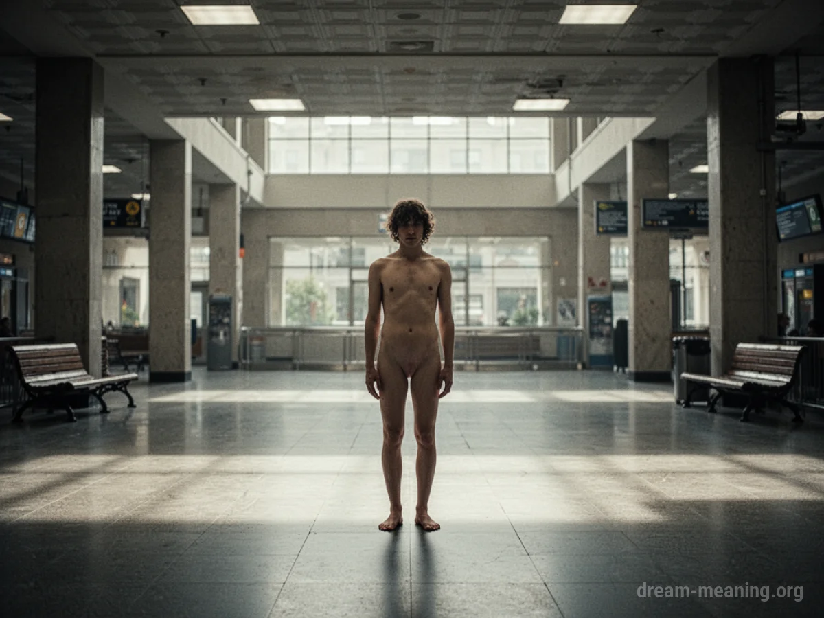 A person standing alone in an empty street, wearing no clothes.