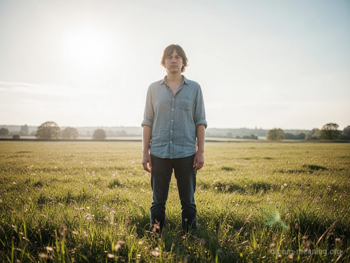 A person stands tall and relaxed in a sunlit field.