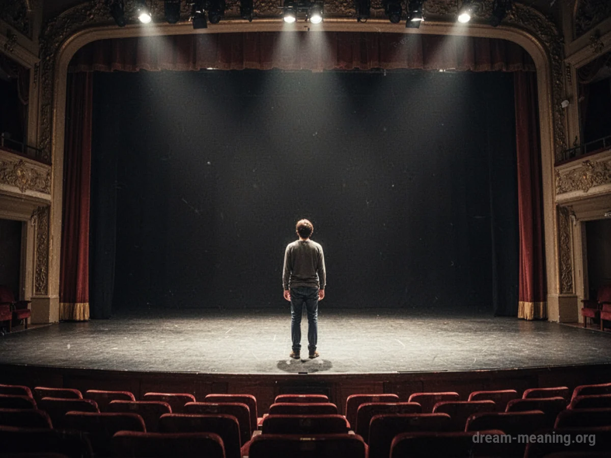 A solitary figure stands on a large, empty stage under a spotlight.