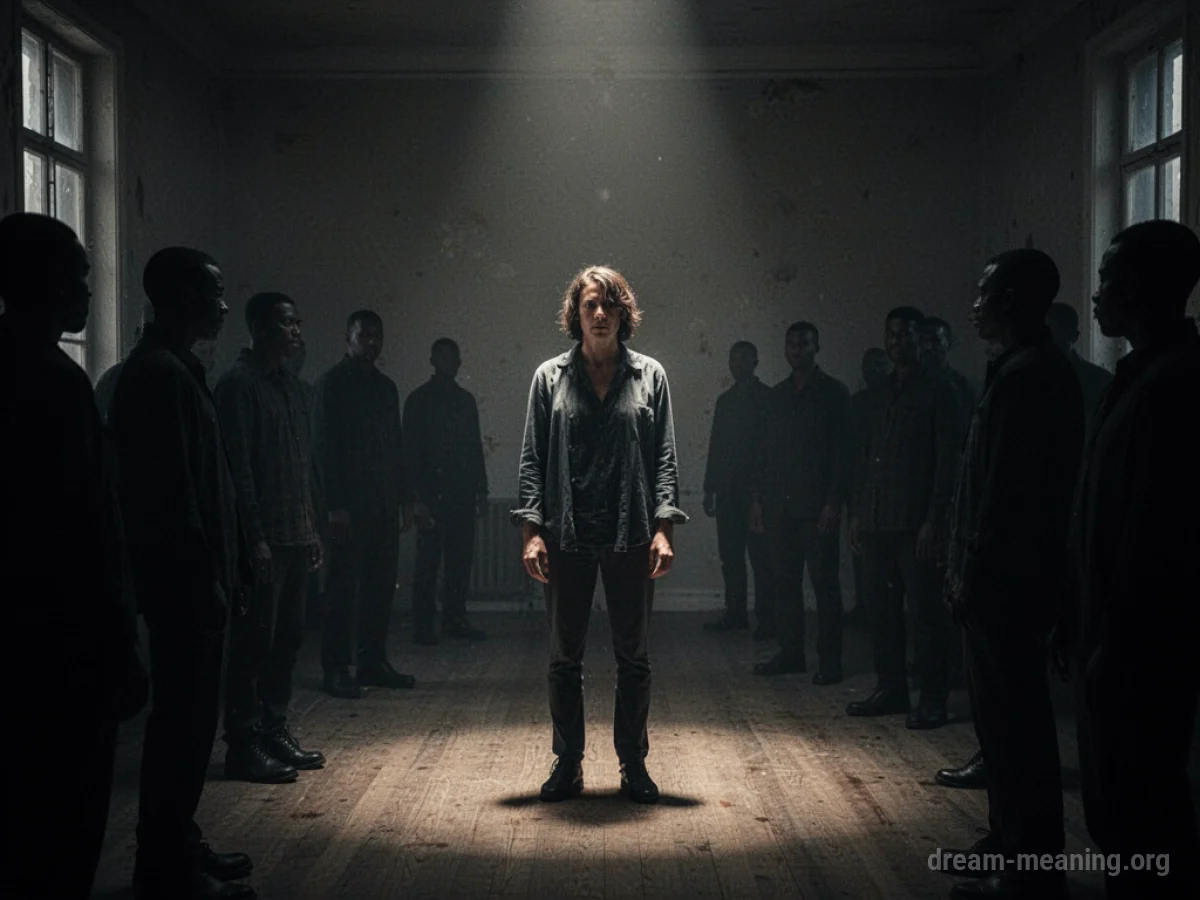 A lone figure stands exposed in a crowded, shadowy room.
