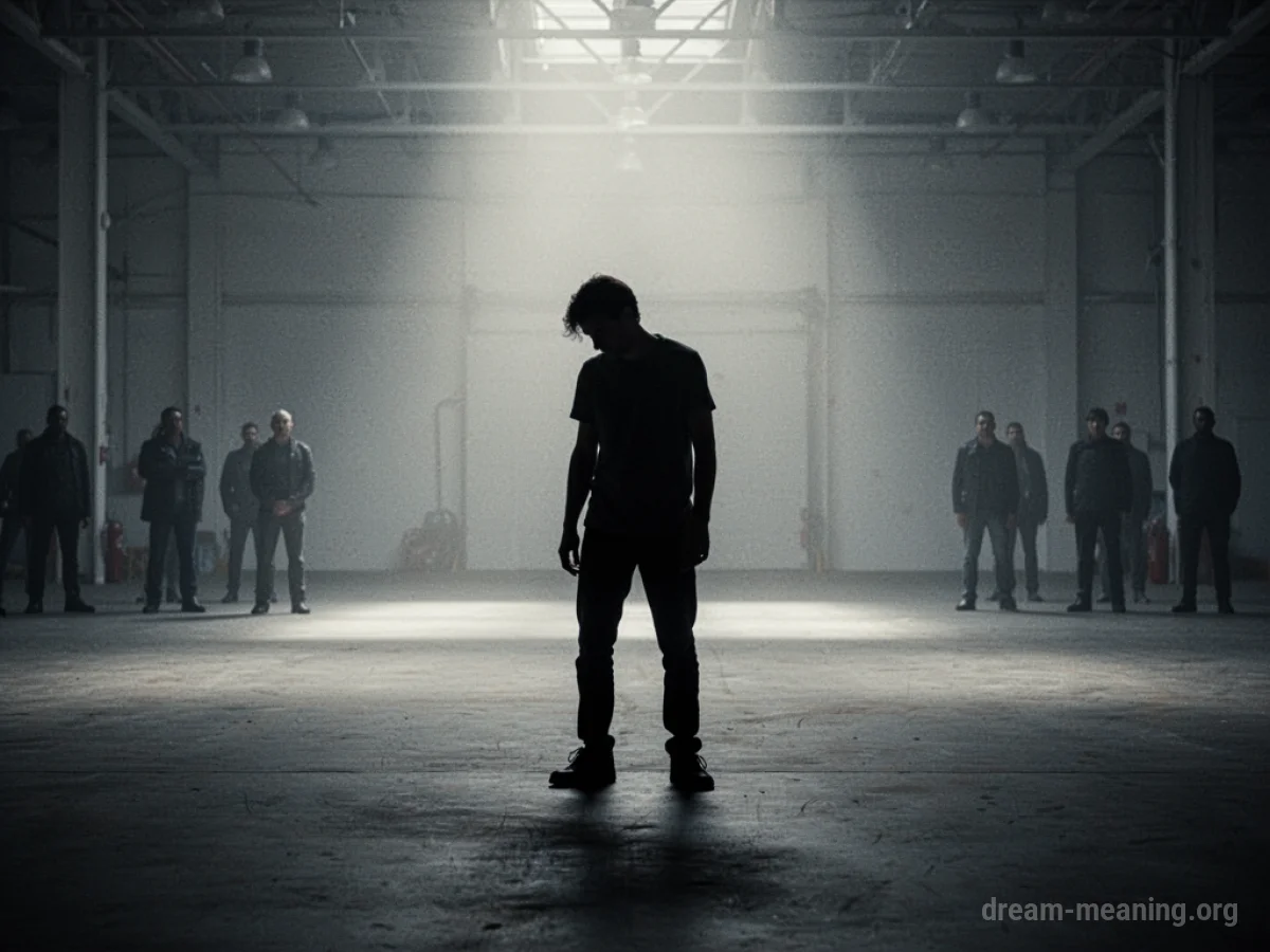 Silhouette of a person standing alone in a dark, open space with blurred figures in the background.