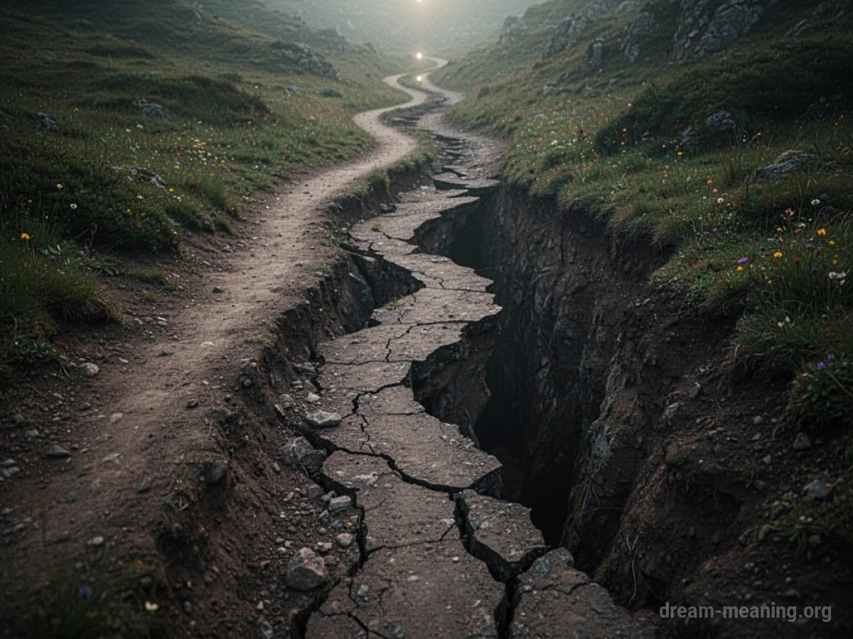 A narrow dirt path breaking apart over a dark void.
