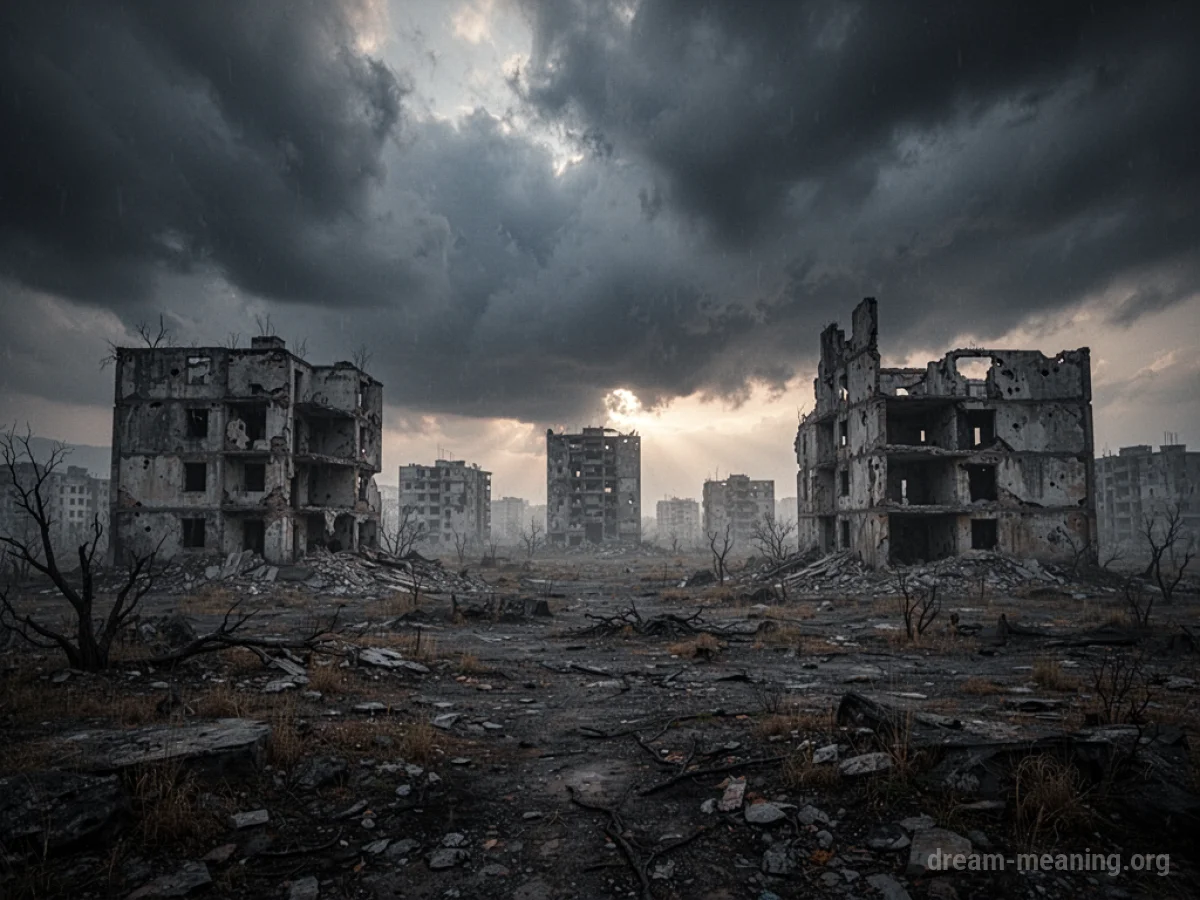 Crumbling city skyline under a dark, cloudy sky.