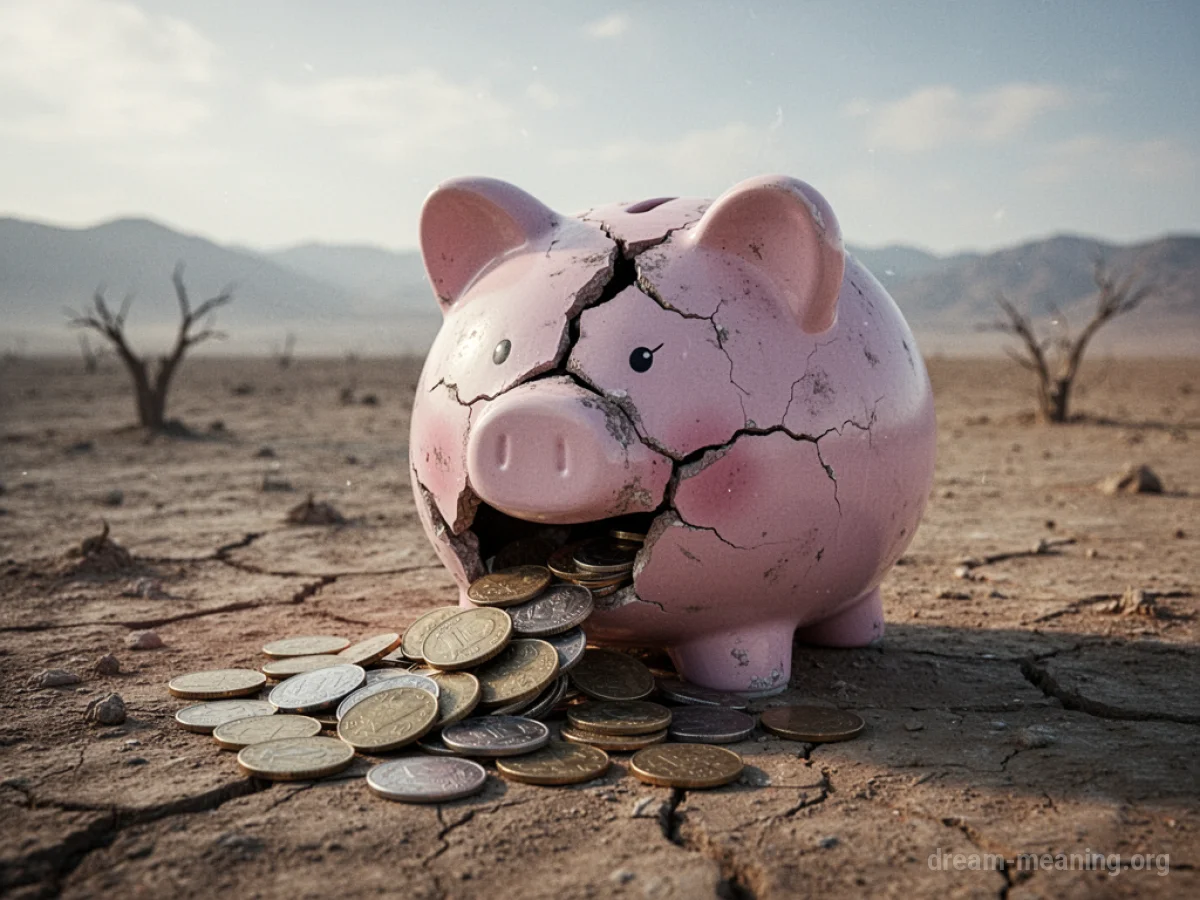 A broken piggy bank with coins scattered on dry earth.