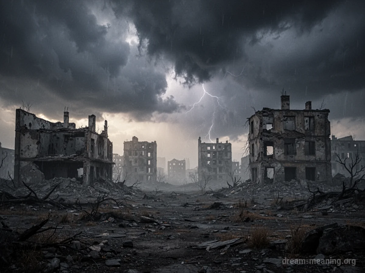 Silhouettes of broken buildings against a dark, cloudy sky.
