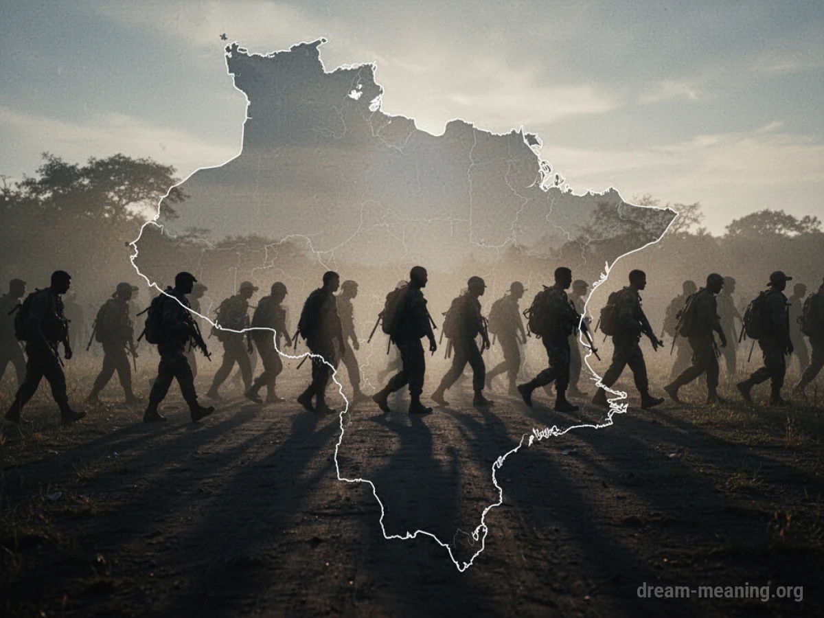 Shadowy figures crossing a stylized border of a nation.
