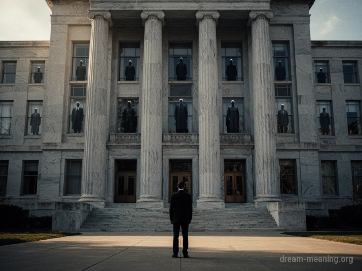 A person stands alone facing a large, dark building with many windows.