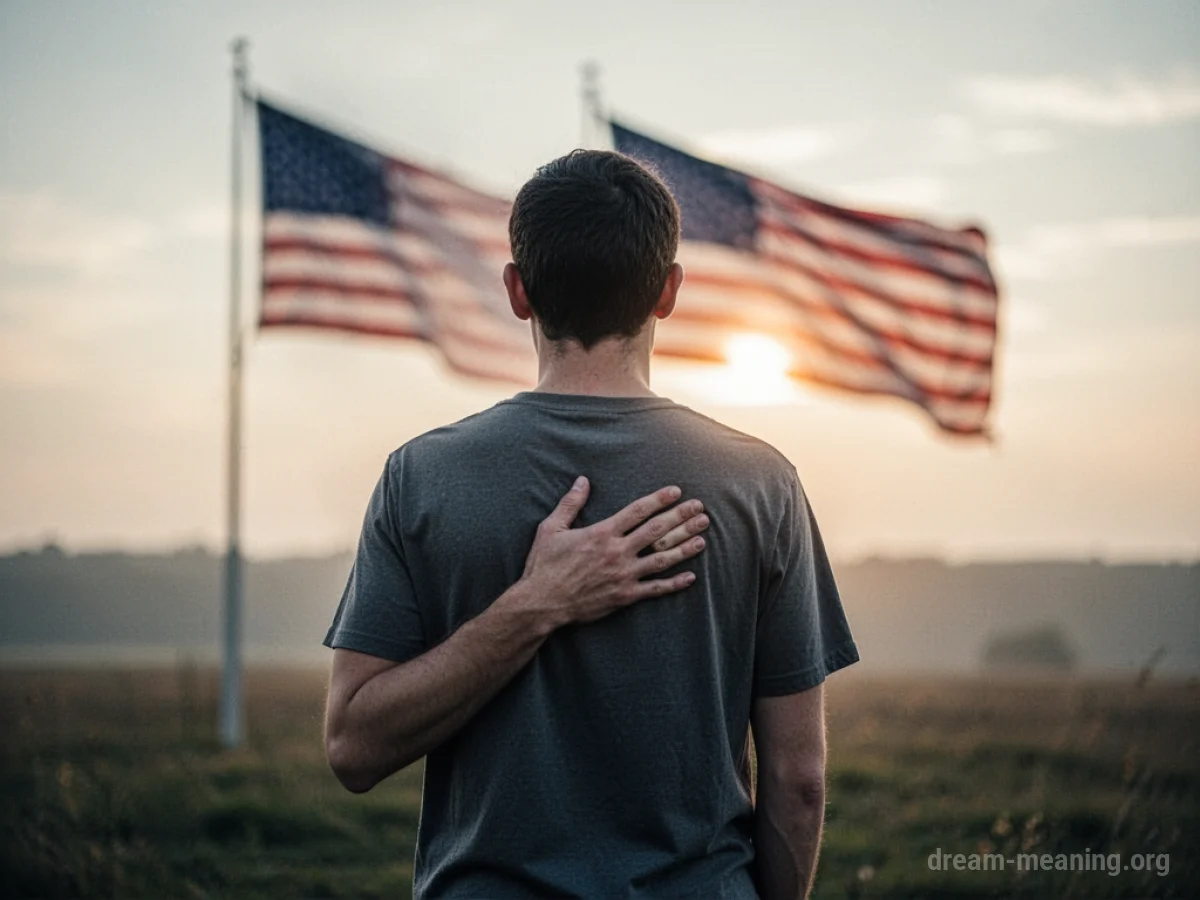 Silhouette of a person with hand over heart facing a distant flag.