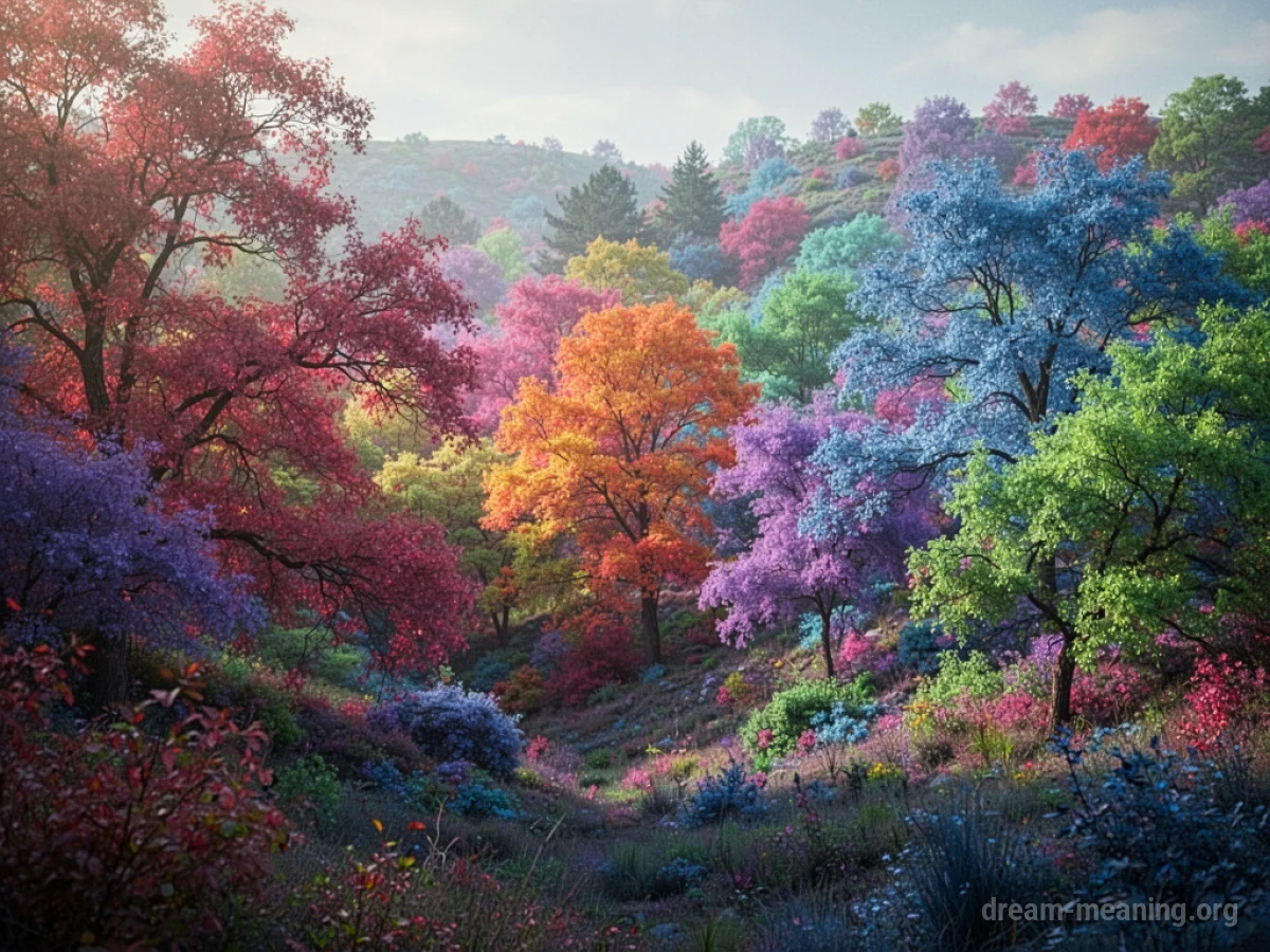 A forest scene where the leaves on trees are transitioning between various bright colors.