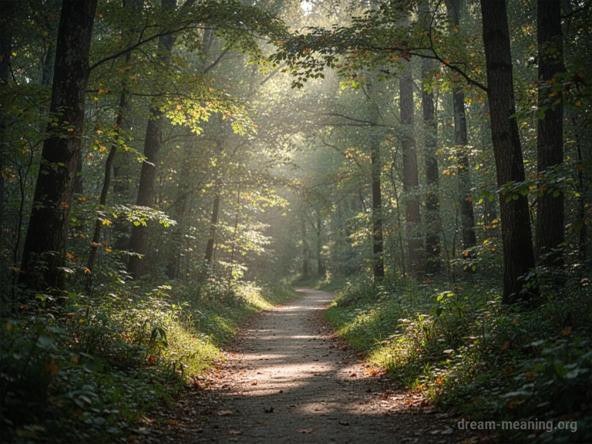 A winding forest path with sunbeams.