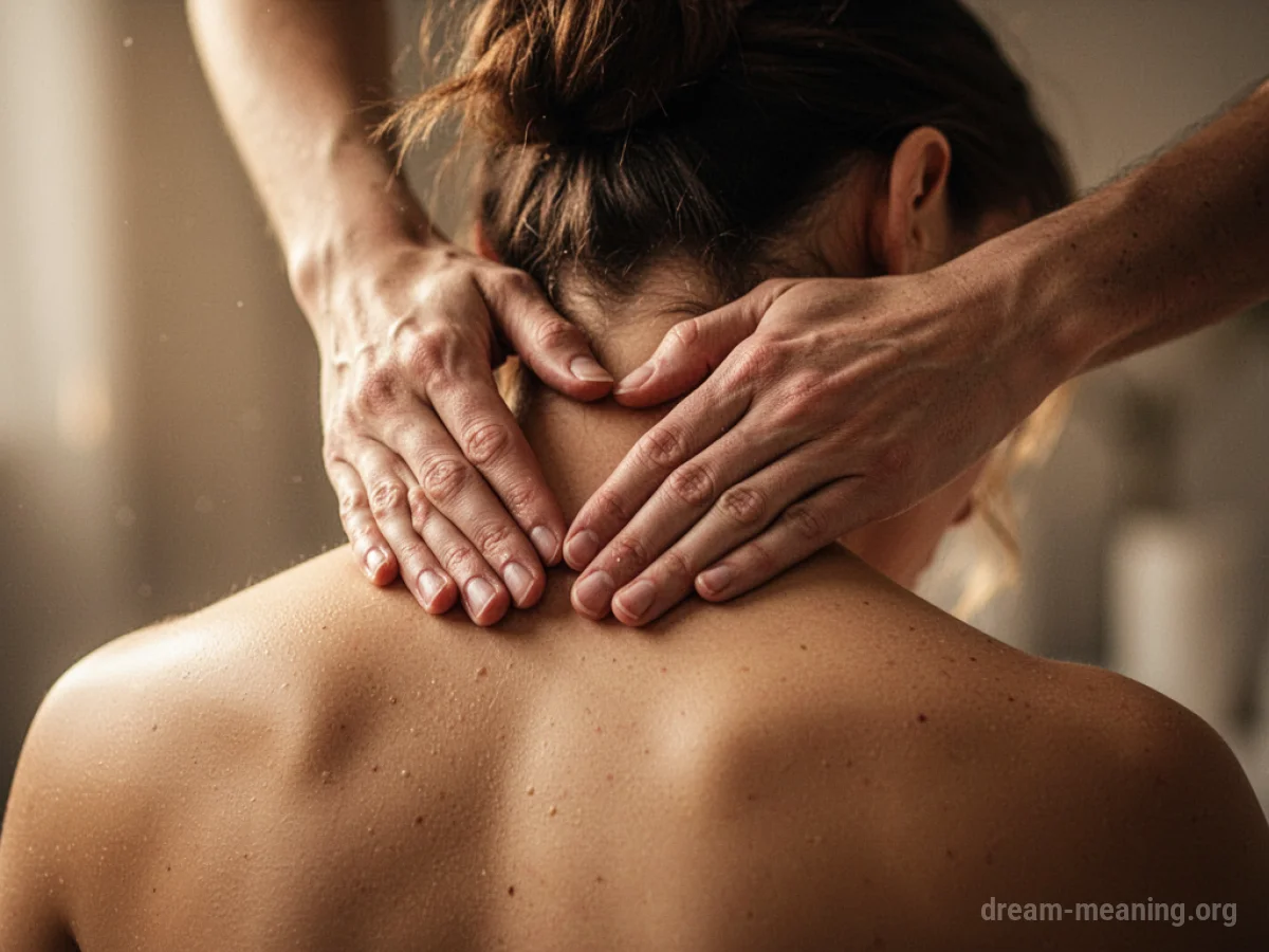Close-up of hands massaging a person's neck.