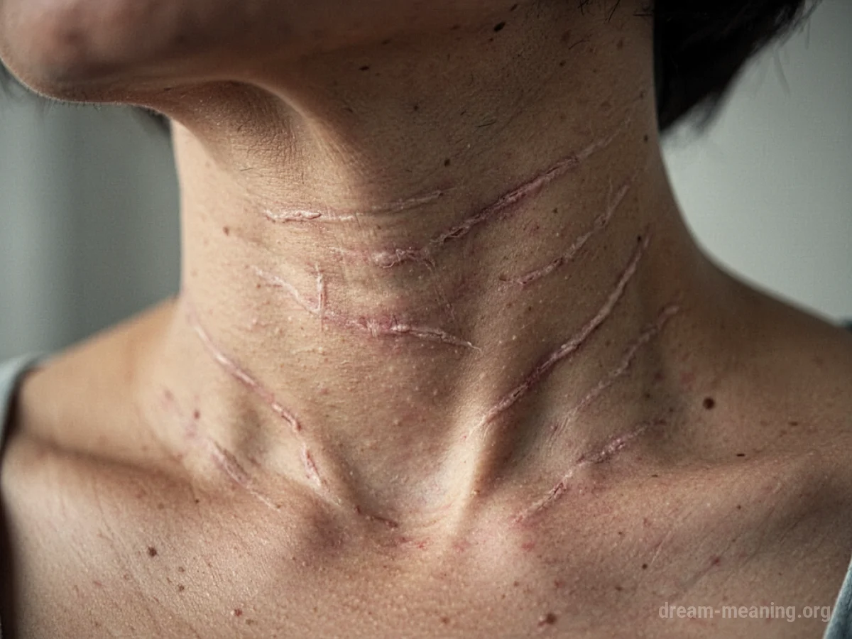 A human neck showing several thin, light-colored lines across the skin.