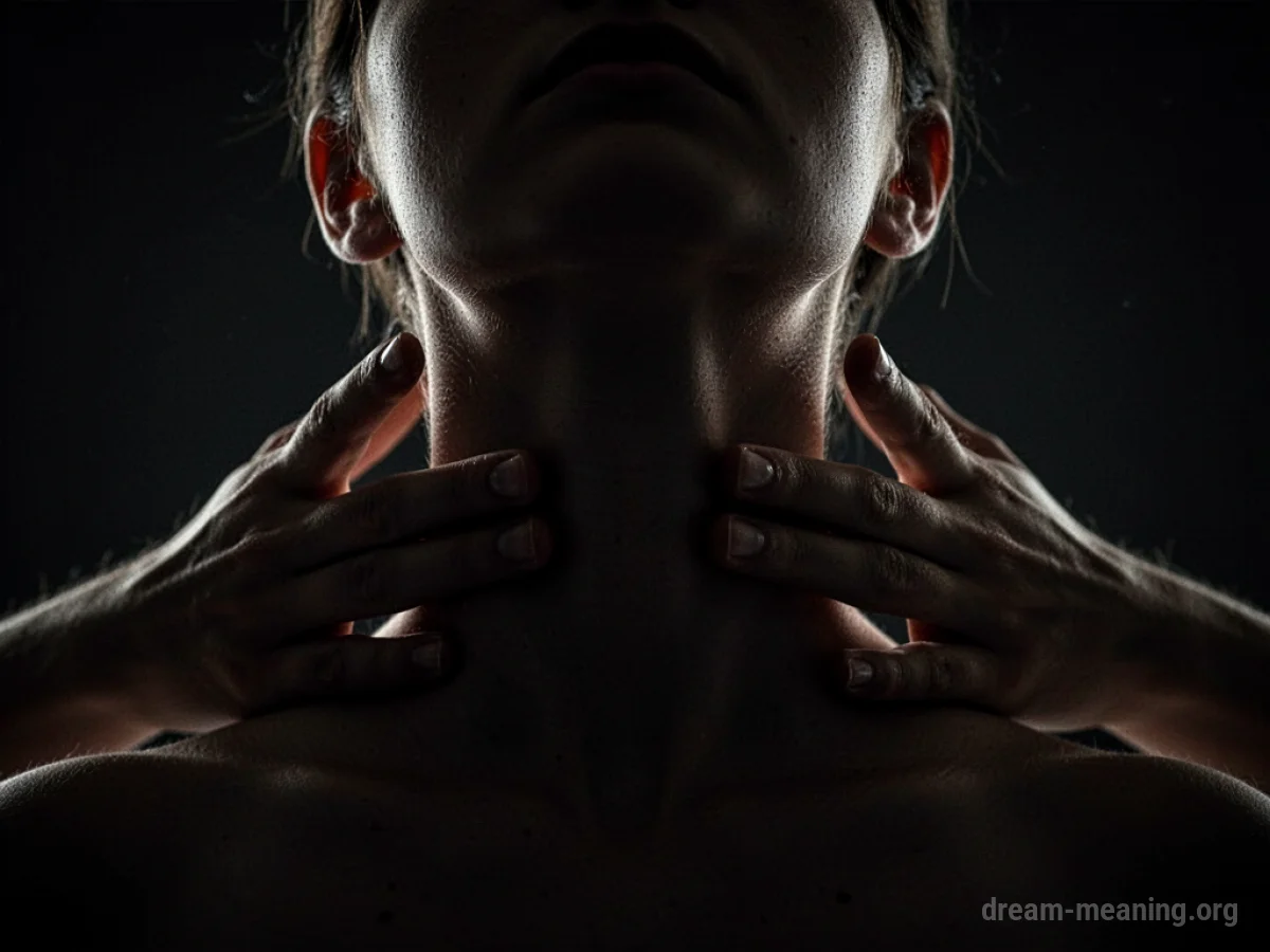 Silhouette of a neck with faint shadow hands applying pressure.