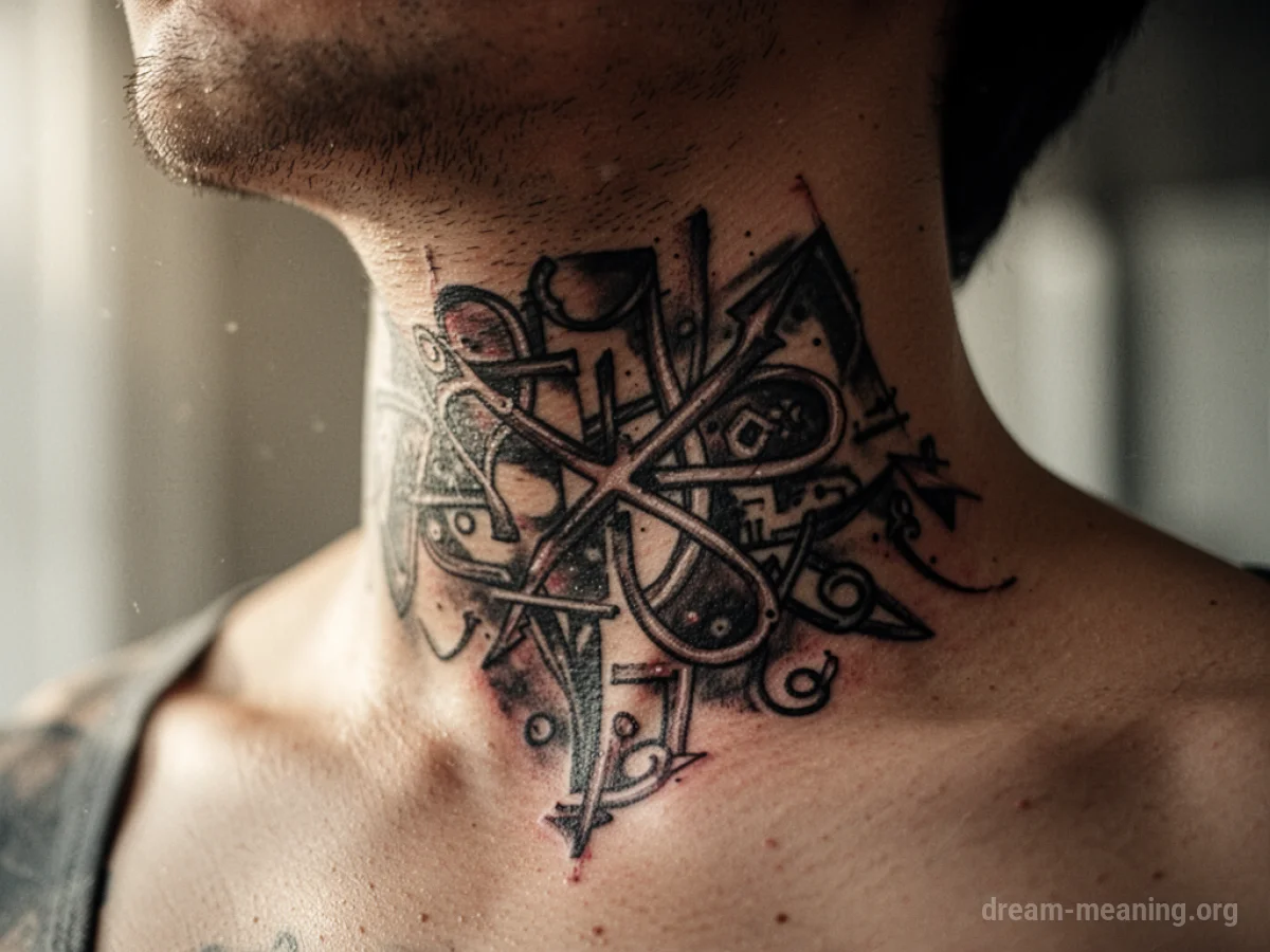 A detailed tattoo visible on the side of a person's neck.