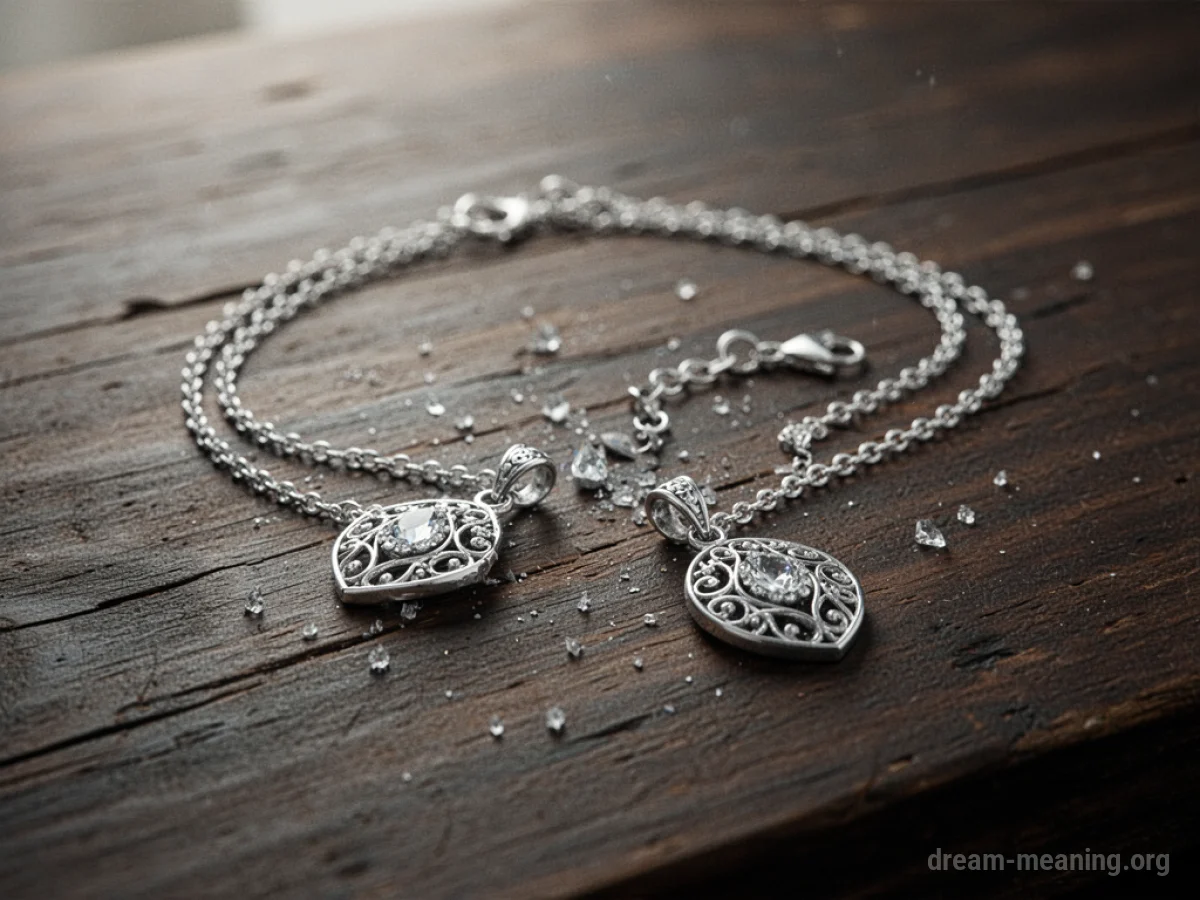 A broken necklace on a wooden table.