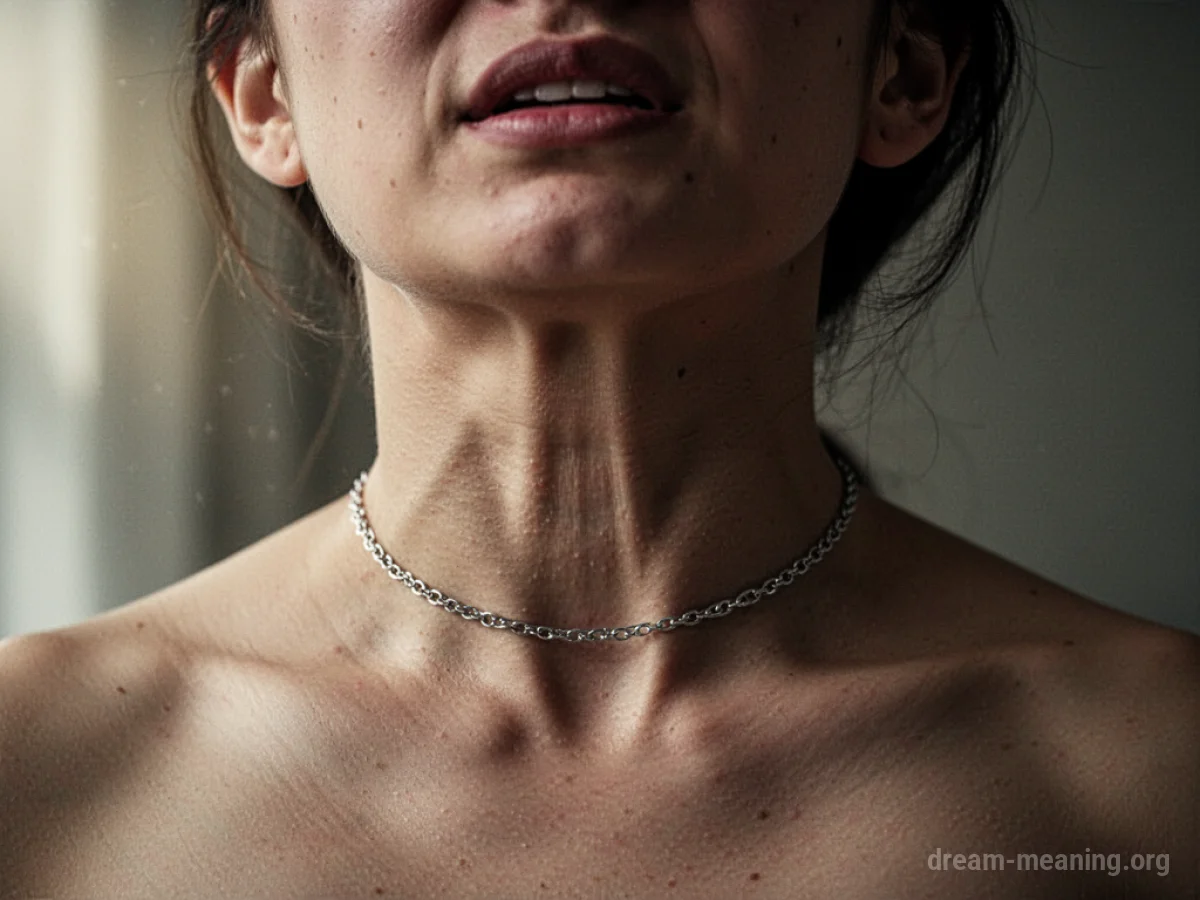 A close-up of a necklace constricting a person's neck.