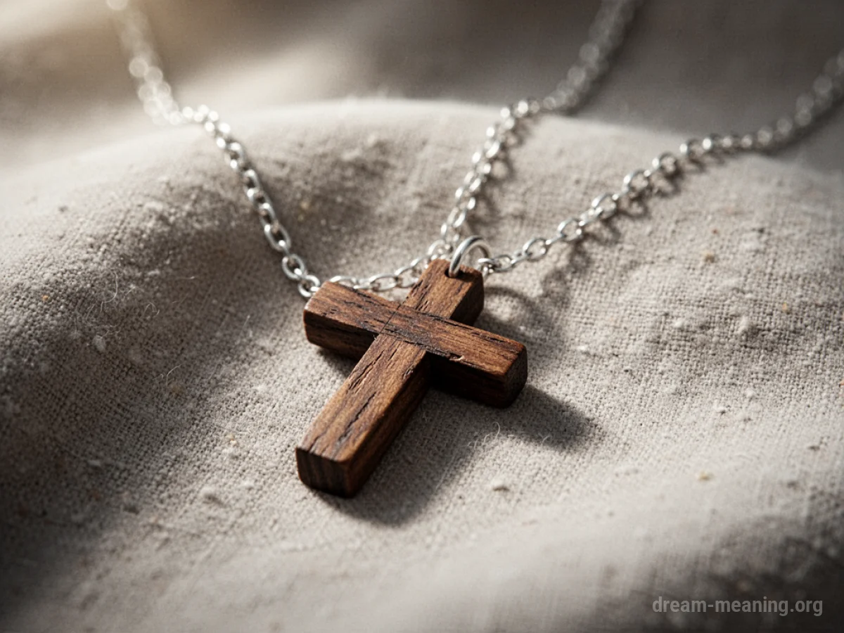 A wooden cross pendant on a silver necklace.