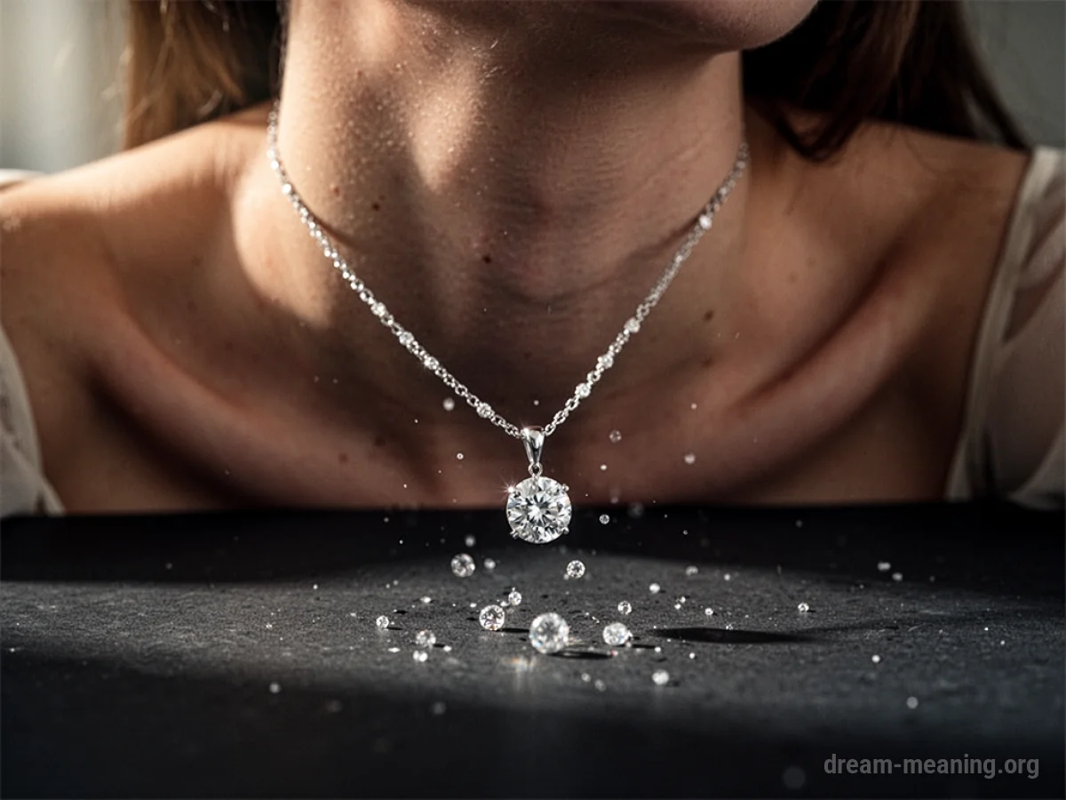 A necklace detaching from a neck and falling downwards.