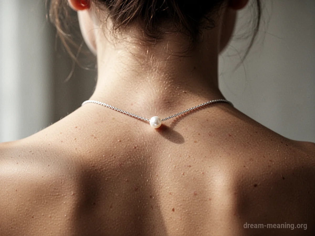 A close-up view of a necklace on a person's neck.