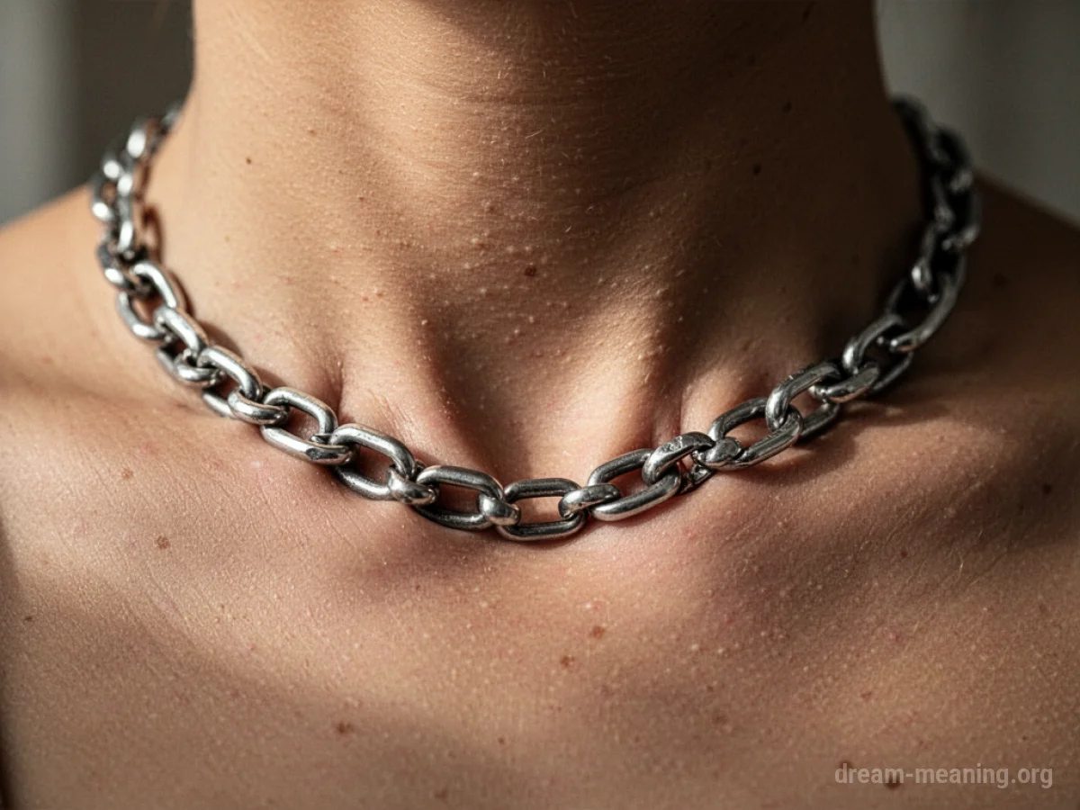 A close-up of a necklace constricting a neck.